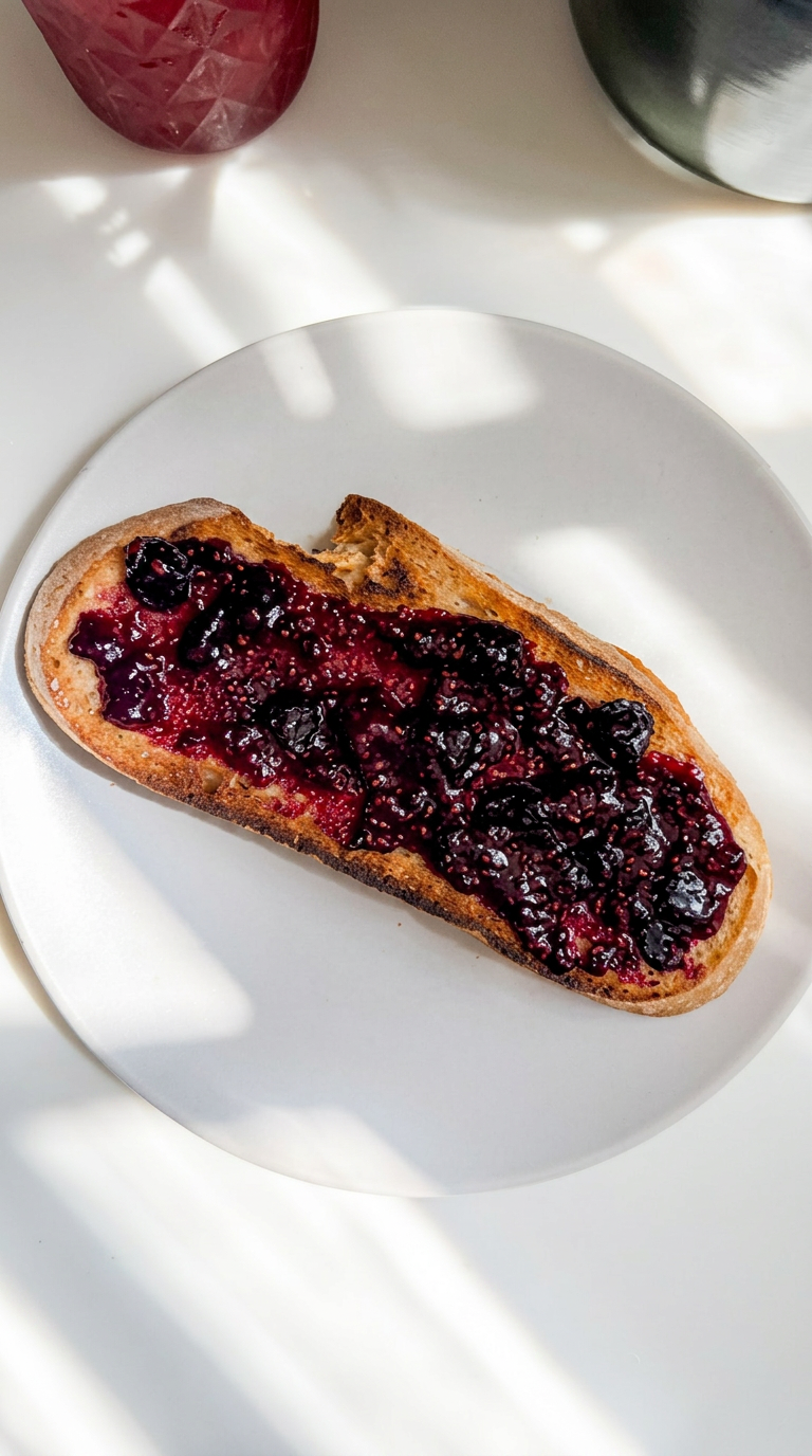 Slice of gluten-free sourdough toast spread with homemade berry jam