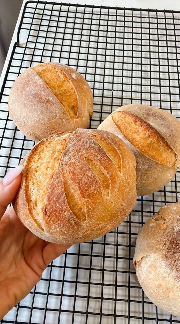 Three gluten-free sourdough boules cooling on a wire rack